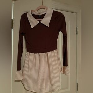 Striped Collar Shirt Dress in Brown and Cream